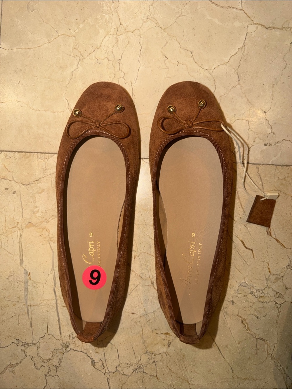 Nina Capri Chestnut Brown Suede Ballet Flats with Bow Accent